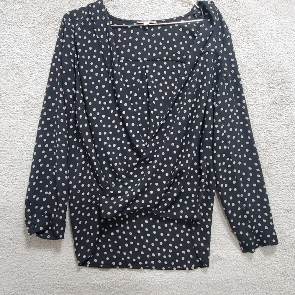 Dleione Blouse Women's Small Black Polka Dot Flowy Plunge Neck Pleated